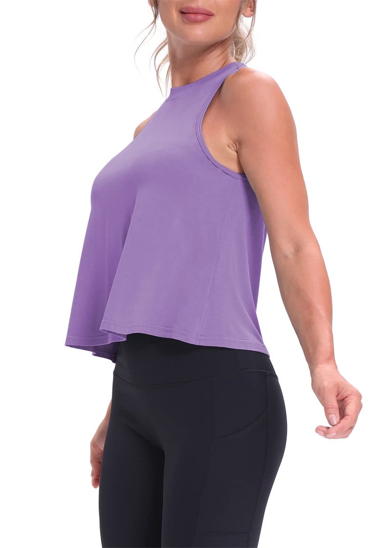 Mippo Cropped Workout Tops for Women Workout Shirts Sleeveless Tank Flowy Loose Crop High Neck Tank Tops Purple M - Image 4